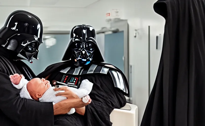 Prompt: Darth vader happily embracing his newborn child in the hospital, 8k