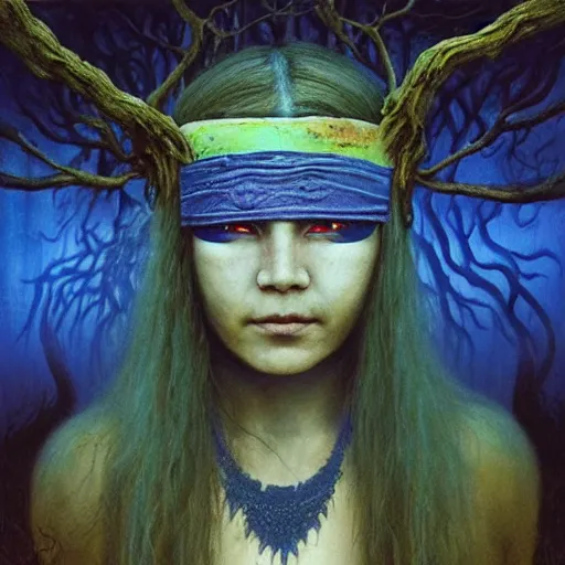 Image similar to A young blindfolded shaman woman with a decorated headband from which blood flows, blue hair and wood on her head. The background is a forest on fire, made by Esao Andrews and Karol Bak and Zdzislaw Beksinski