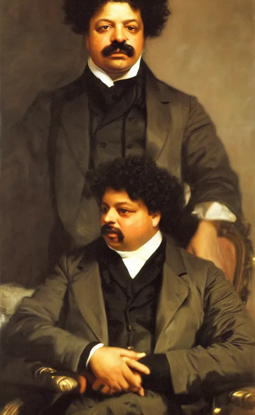 Image similar to Portrait of Alexandre Dumas, oil on canvas, highly detailed, high contrast, by Franz Xaver Winterhalter, Henry Ossawa Tanner, 8k