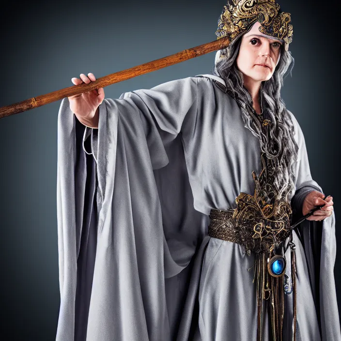 Image similar to professional photograph of a real - life beautiful elemental lunar witch with ornate grey robes and staff. extremely detailed. 8 k