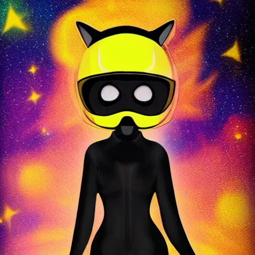 Prompt: ! dream black suit catgirl yellow motorcycle helmet, floating through galaxy colorful swirling stars, celty sturluson