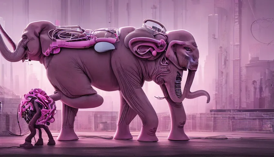 Prompt: a antropomorphic pink elephant playing a giantic analogic synthsizer with a lot of button potenciometers and iron cables, futuristic, cyberpunk, biomechanical, xenomorphic, photorealistic, ultra detailed, 4 k, chomatic aberration, dof