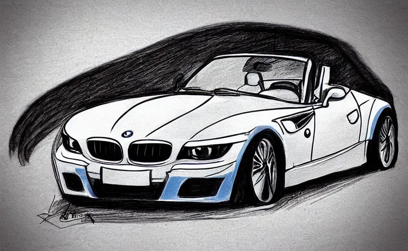 Prompt: “Caricature drawing of convertible Blue BMW Z3 and happy driver waving his hand.”