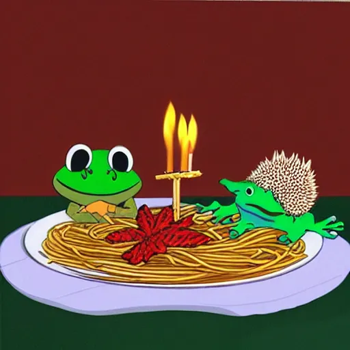 Image similar to frog and hedgehog on a romantic candlelit date eating spaghetti