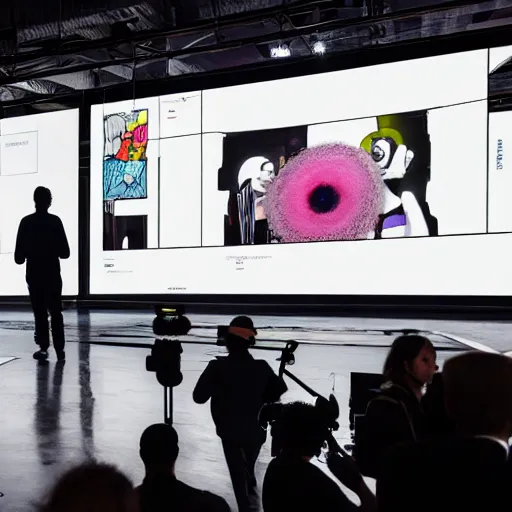 Image similar to art curator looking at a screen with a chat interface, recursive, on stage in the middle of a fashion show in the style of grand chamaco and stanley kubrick, inspired by y - 3, photorealistic, epic, super technical, cinematic still