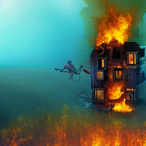 Image similar to a house burning underwater, with a humanois robot standing out to it, 8 k resolution, colorful, mariana trench