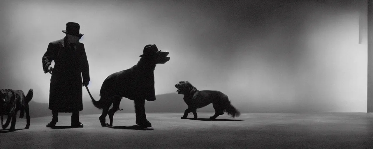 Image similar to A still frame from a noir movie in black and white featuring an old big black dog who is a private investigator, cinematic composition, dramatic lighting