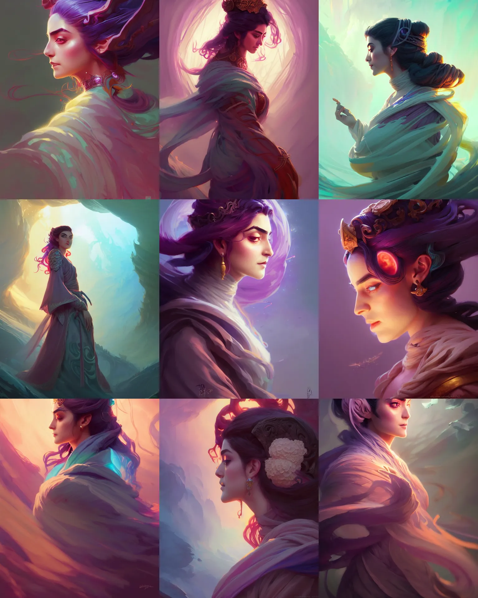 Prompt: side profile, maya ali, wizard, gloomhaven and dota concept art, robes, elegant, highly detailed, smooth, colorful swirly magical ripples, pastel colors, by huang guangjian, sachin teng, greg rutkowski, jesper ejsing, ilya kuvshinov, artgerm, mucha