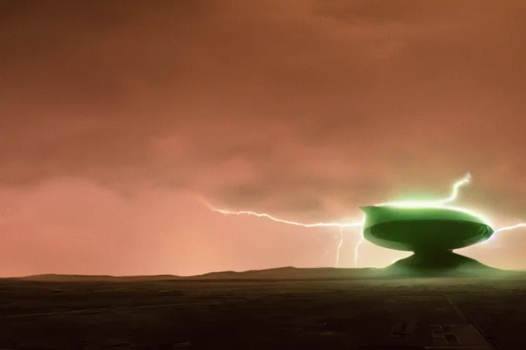 Prompt: a cinematic portrait of a cargo starship, landing in a mars base, green clouds and lightning storm, ridley scott and zack snyder, 8 k, hd, high resolution, 8 5 mm, f / 1. 8