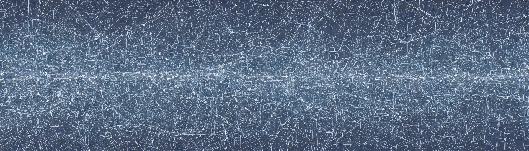 Image similar to a high-resolution data visualization in the shape of a city skyline, clusters and constellations of fragmented connections in the pattern of an audio waveform