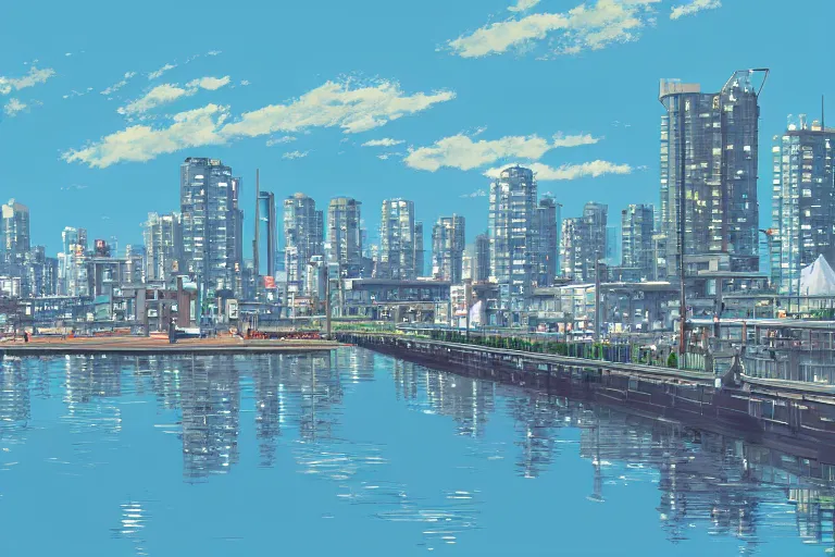 Prompt: vancouver, bc, view of the city by makoto shinkai, 4k anime widescreen wallpaper, false creek sky reflections, makoto shinkai movie, beautiful cityscape by makoto shinkai digital art, illustration, trending on artstation, daily deviation