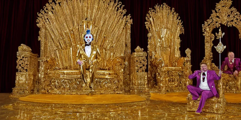 Image similar to shining majestic throne made of millions of diamonds, gold and zaphires with thousands of light reflections, and a stupid clown on a suit is sitting on the throne while handing a globe, 4 k