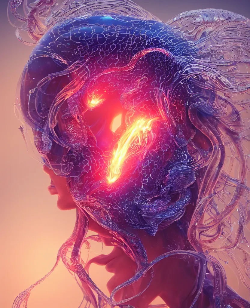 Image similar to close-up macro portrait of the face of a beautiful princess, epic angle and pose, symmetrical artwork, 3d with depth of field, blurred background, cybernetic jellyfish female face skull phoenix bird, translucent, nautilus, energy flows of water and fire. a highly detailed epic cinematic concept art CG render. made in Maya, Blender and Photoshop, octane render, excellent composition, cinematic dystopian brutalist atmosphere, dynamic dramatic cinematic lighting, aesthetic, very inspirational, arthouse. y Greg Rutkowski, Ilya Kuvshinov, WLOP, Stanley Artgerm Lau, Ruan Jia and Fenghua Zhong