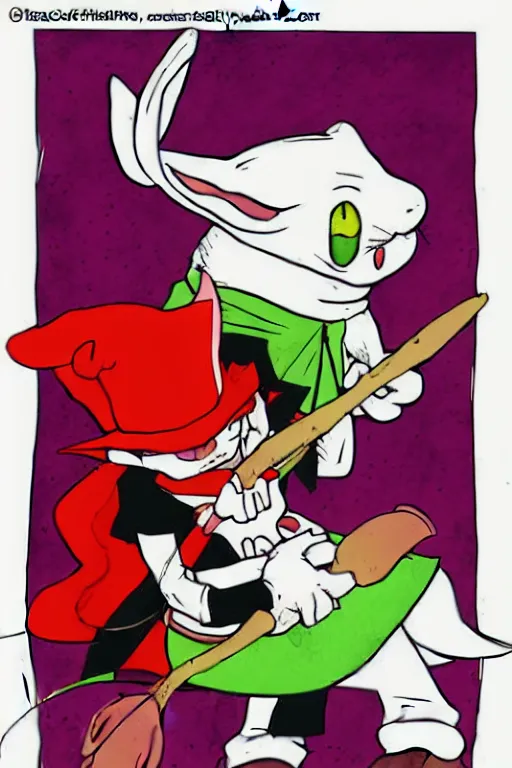 Image similar to red magician killing rabbit, art by tafy laplanche, colored by food colorhunt