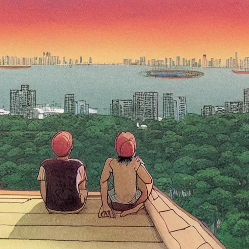 Prompt: art of two singapore students on the roof of a hdb flat, watching the skyline, by moebius