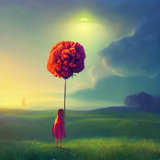 Image similar to giant carnation flower head, girl in suit, surreal photography, sunrise, dramatic light, impressionist painting, digital painting, artstation, simon stalenhag