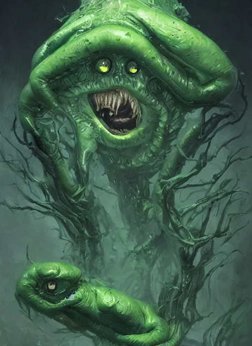 Image similar to portrait of green noise an amorphous blob, slimy alien creature with hundreds of eyes, eyes!!!!!, it has several human arms out stretched to grab me. painted by greg rutkowski, wlop,,