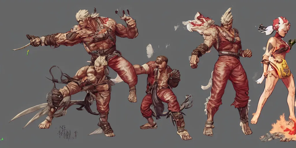 Image similar to fighter character design, idle, colored, sprite, tekken, pc game, sideview, art by moebius and greg rutkowski.