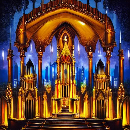 Image similar to ornate gothic performace stage with lights and large sound speaksers, by Megan Duncanson and Raphael Lacoste, detailed 3d gothic oil painting