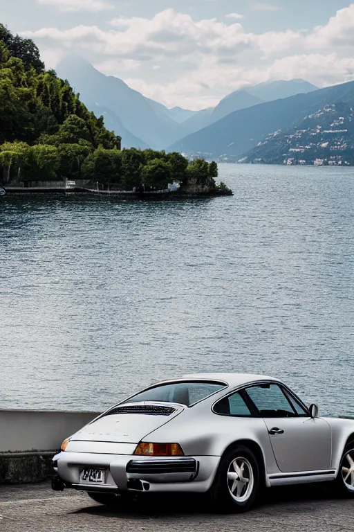 Image similar to Photo of a silver Porsche 911 Carrera 3.2 parked on a dock with Lake Como in the background, daylight, dramatic lighting, award winning, highly detailed, 1980s, luxury lifestyle, fine art print, best selling.