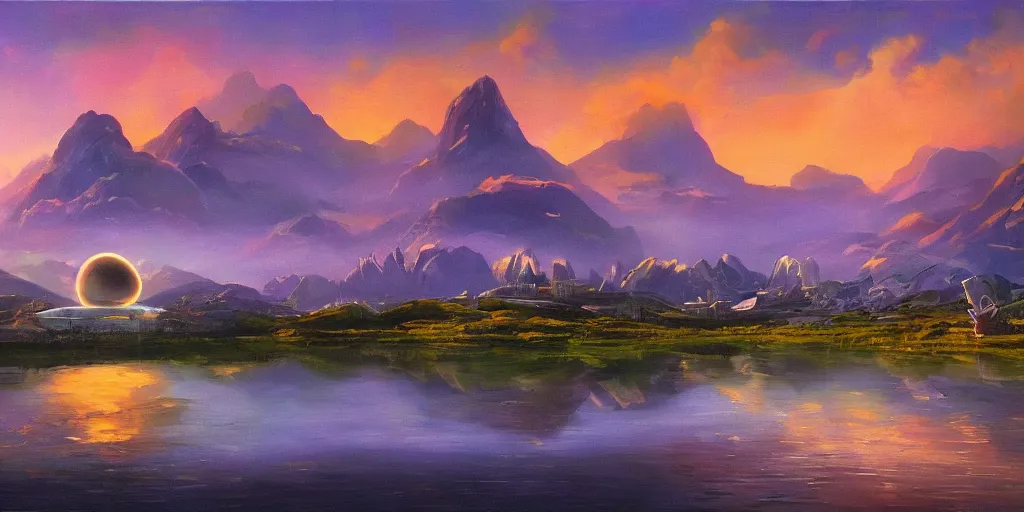 Image similar to a landscape with a futuristic city and spaceship flying in the sky, mountains, a lake and clouds in background at sunset, oil painting