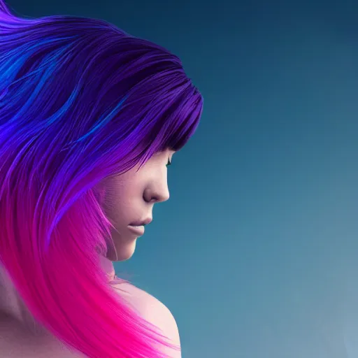 Image similar to a award winning action upper body portrait of a beautiful woman with a ombre purple pink hairstyle with head in motion and hair flying, outrun, vaporware, vivid colors, highly detailed, fine detail, intricate