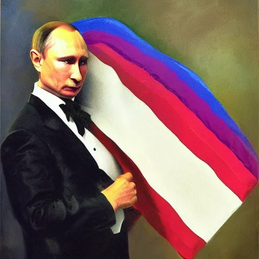 Prompt: painting of Vladimir Putin holding gay pride flag, John Singer Sargent style