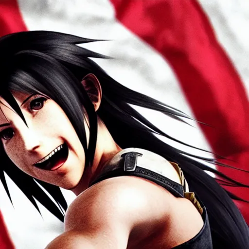 Image similar to Tifa Lockhart from Final Fantasy VII Remake looking at the Italian flag and chuckling to herself