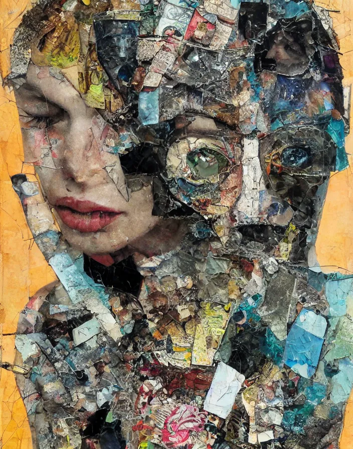 Prompt: what are you going to do with me detailed analogue mixed media collage with canvas texture in style of contemporary art, punk art, hyperrealistic beautiful face, photorealistic, expressionism, masterpiece, perfect composition, spectacular quality, intricate oil details, vivid broken glass, torn paper, magazine pages