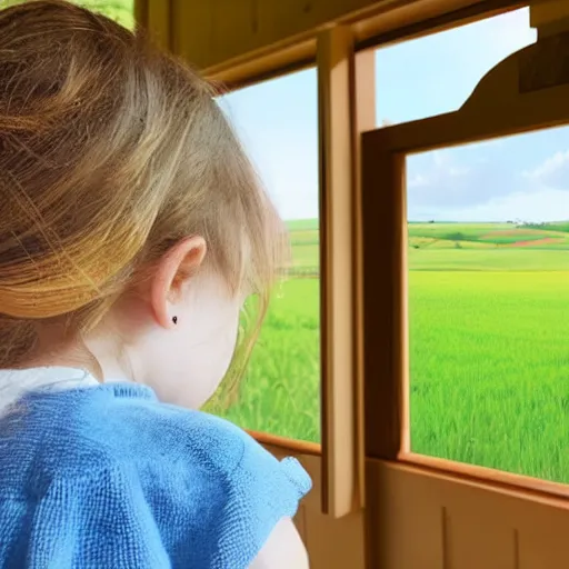 Prompt: a girl looking out of her small front porch seeing a large field in the countryside, photorealistic, cozy, sunrise