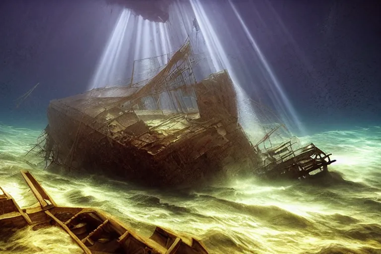 Image similar to a shipwreck on the seafloor in the depths of the ocean, volumetric sun rays, atmospheric immersive painting