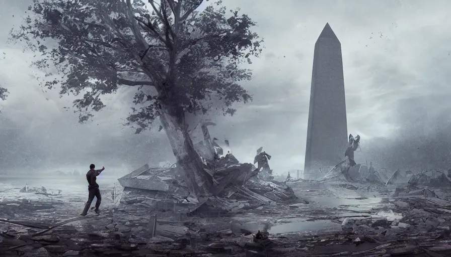 Image similar to men exploring destroyed collapsed washington monument, cloudy day, water, hyperdetailed, artstation, cgsociety, 8 k