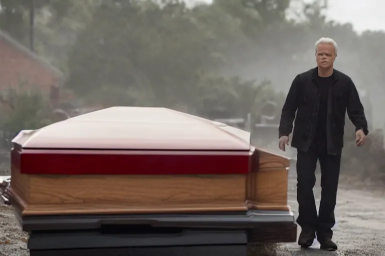 Image similar to tim robbins from the netflix show i think you should leave driving a coffin, movie still, 8 k, from the newest fast and furious movie