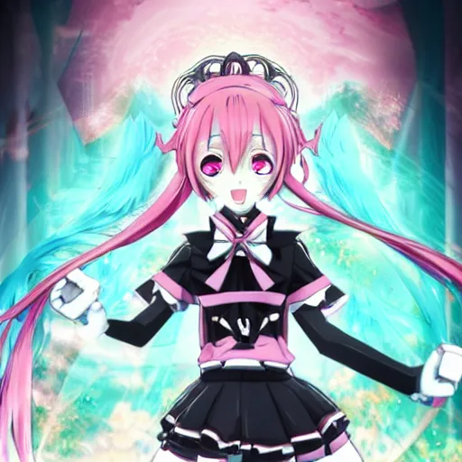 Prompt: stunningly beautiful megalomaniacal omnipotent anime asi goddess junko enoshima with symmetrical perfect face and porcelain skin, pink twintail hair and cyan eyes, traps you inside her inescapable full dive vr prison with a maniacal laugh!, hyperdetailed, digital art from danganronpa, unreal engine 5, 2 d anime style, 8 k