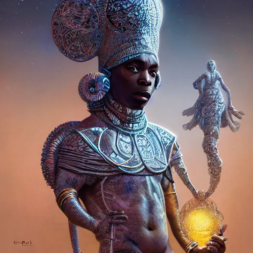 Prompt: african cosmic god obatala, dim light, front game card, marvel comics, dark, intricate, highly detailed, smooth, artstation, digital illustration by ruan jia and mandy jurgens and artgerm and wayne barlowe and greg rutkowski and zdislav beksinski.