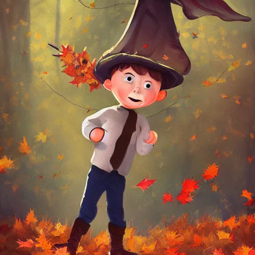 Prompt: a boy wearing a witches hat jumping into a pile of leaves on a beautiful autumn day, cute storybook illustration, trending on artstation, cgsociety, beautiful painting