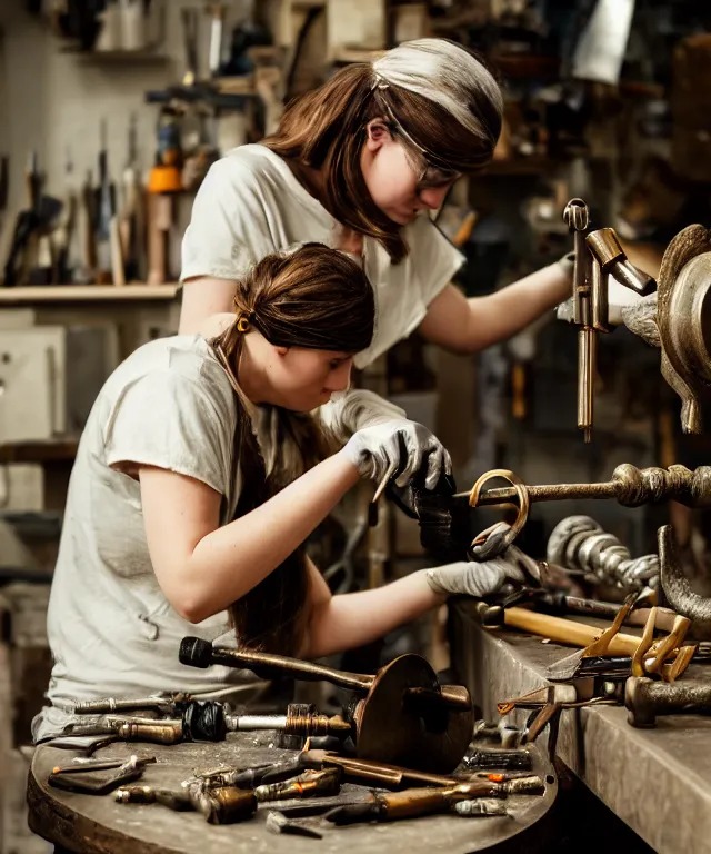 Image similar to A beautiful girl makes bronze gear on a workbench, 50mm photo, soft light, highly detailed, motion blur, trending on artstation