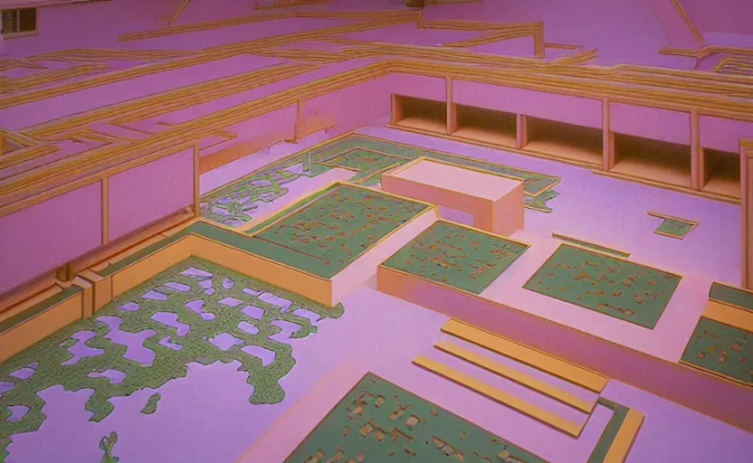 Prompt: huge sprawling gargantuan angular dimension of infinite indoor landscape japanese furniture with asian ceremonial temple. surrealism, mallsoft, vaporwave. muted colours, 8 0 s japanese interior design, shot from above, endless, neverending epic scale by escher and ricardo bofill