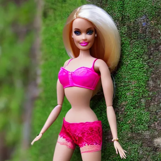 Prompt: barbie doll in panties and bra, lace, crimson, full length, fishnet tights, several dolls in one photo, banana color, 4 k