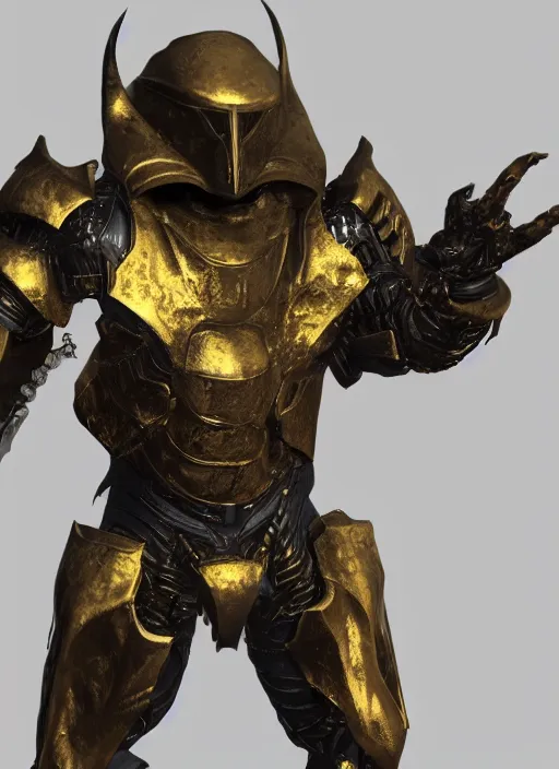 Image similar to a photorealistic 3D render of a full body dark side knight (as an archetypal DnD isekai Demon Lord) wearing power armor made of gold and silver, inspired by Fallout, unreal engine, octane render, cinematic lighting, a sense of evil, detailed hard surface boss character concept art, character design, hyper realism, high detail, depth of field, stunning cgsociety, HD, HDR, 4k