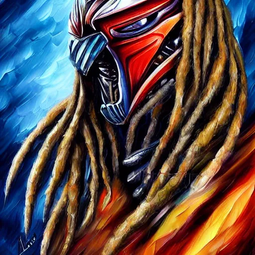 Image similar to digital painting of The Predator by Leonid Afremov, dreadlocks, alien helmet and armor