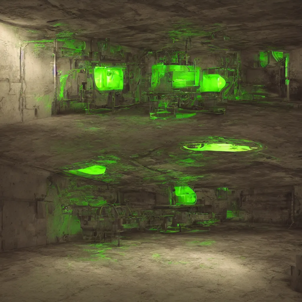 Image similar to secret under ground base with a green glowing uranium tank, octane render, xray melting colors