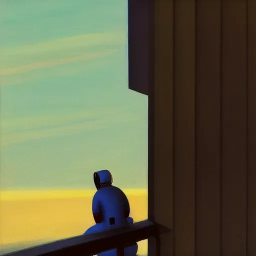 Prompt: a portrait of an astronaut sitting on the edge of a building looking over an empty city, in the style of Edward hopper, 4k,