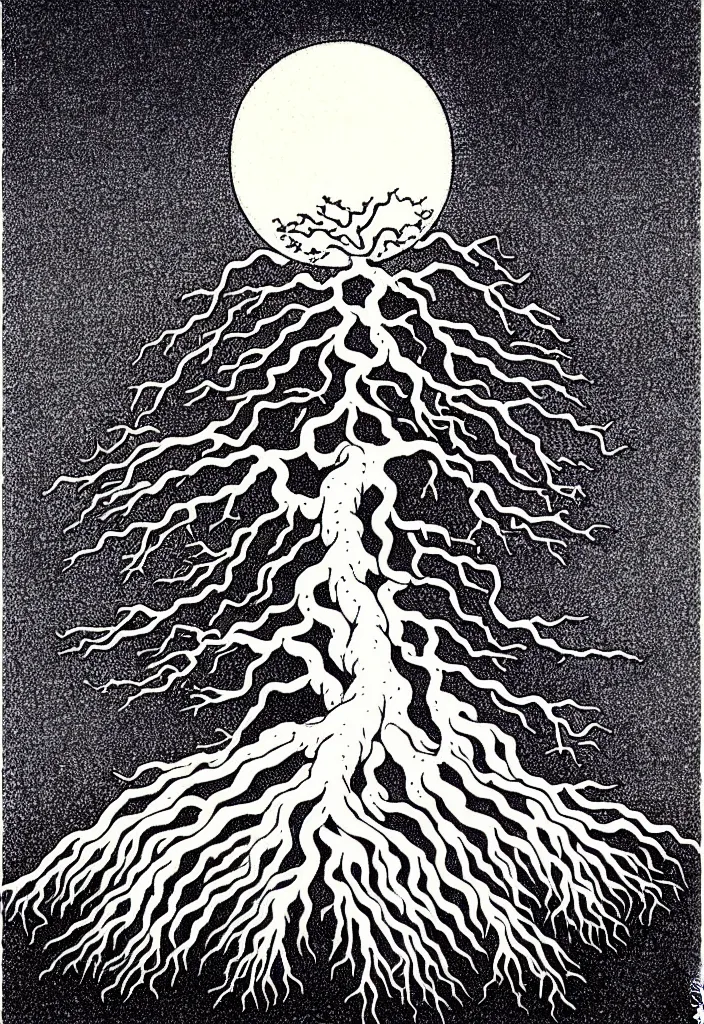 Image similar to prompt: magical white Bonsai tree roots merging into big moon drawn by Rene Magritte, Japanese woodblock print style, clean ink detailed line drawing, intricate detail, manga 1990