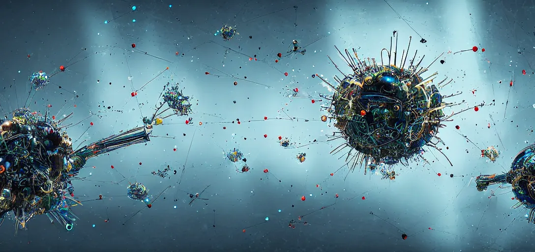 Prompt: biopunk laboratory, flying particles, 8k digital art, trending