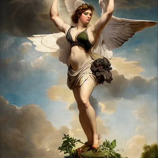 Image similar to Portrait of Serena Williams with wings as Nike Goddess standing proud, large wings, luxuriant, dreamy, eternity, romantic, strong pose, highly detailed, in the style of Franz Xaver Winterhalter, highly detailed, in the style of Aetherpunk