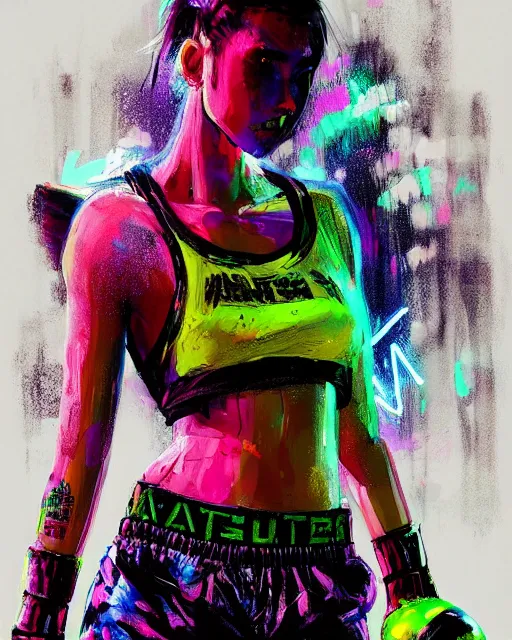 Image similar to detailed portrait Neon boxer Girl, cyberpunk futuristic neon, reflective crop top and shorts, boxing gloves, decorated with traditional Japanese ornaments by Ismail inceoglu dragan bibin hans thoma greg rutkowski Alexandros Pyromallis Nekro Rene Maritte Illustrated, Perfect face, fine details, realistic shaded, fine-face, pretty face