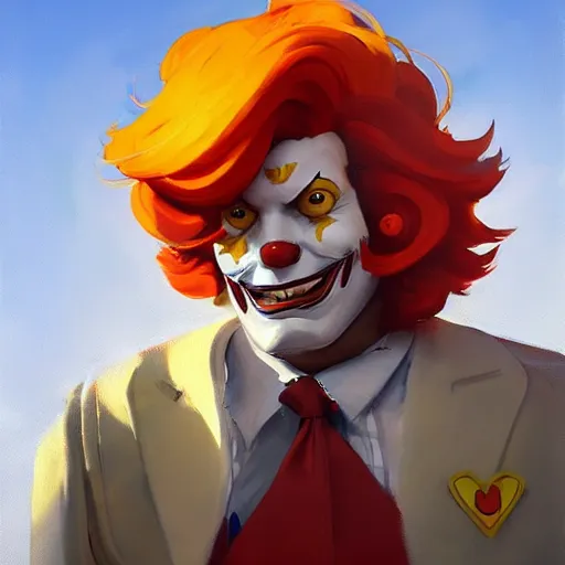 Prompt: greg manchess portrait painting of ronald mcdonald as overwatch character, medium shot, asymmetrical, profile picture, organic painting, sunny day, matte painting, bold shapes, hard edges, street art, trending on artstation, by huang guangjian and gil elvgren and sachin teng