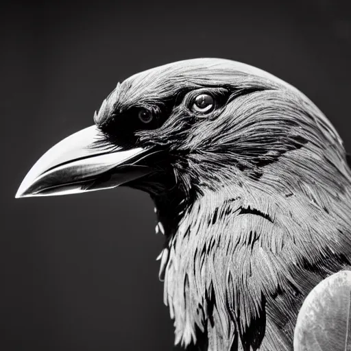 Image similar to a black and white highly detailed and realistic statue of a crow, museum lighting, award winning, masterpiece, nature photography, national geographic, construction site, black and white, high contrast, grainy