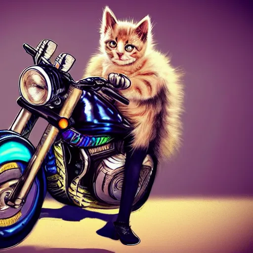 Image similar to wide angle full body, jacket wearing fluffy cute rainbow kitten wearing a black leather motorcycle jacket, riding on a motorcycle, cinematic concept art